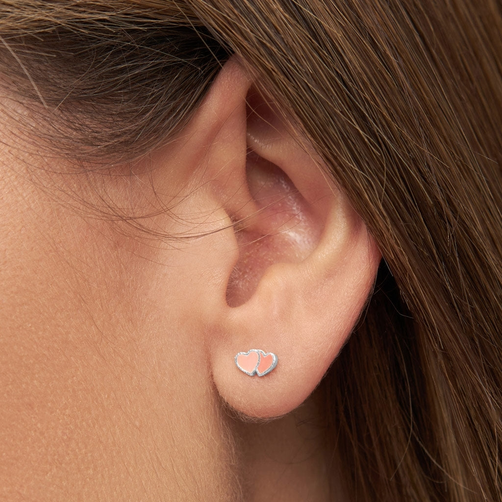 LULU Copenhagen 2Hearts örhänge 1 st silverpläterad Ear stud, 1 pcs Burnt Coral-Orange Coral