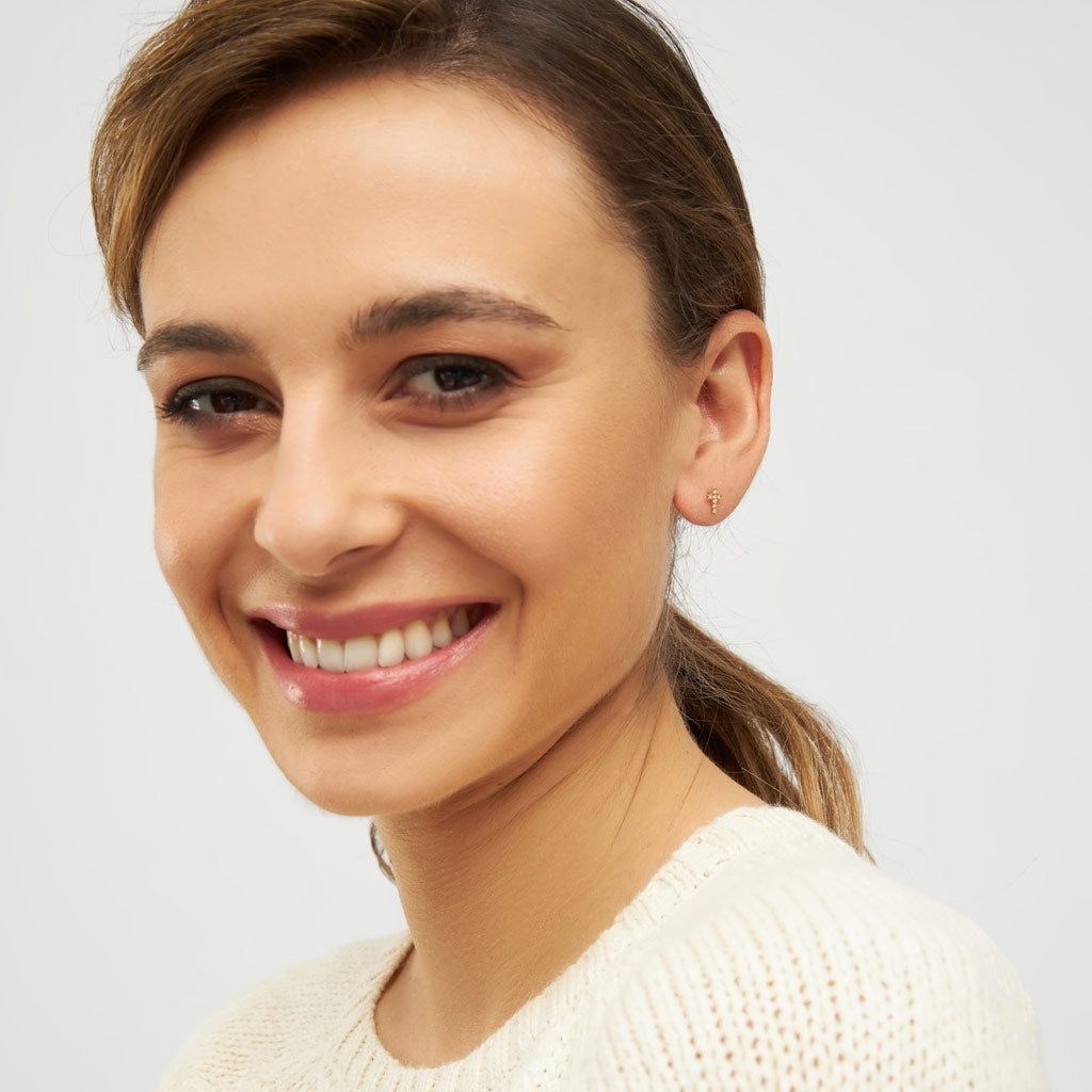 LULU Copenhagen Cross Crystal örhÀnge 1 st guldplÀterad Ear stud, 1 pcs Rosa