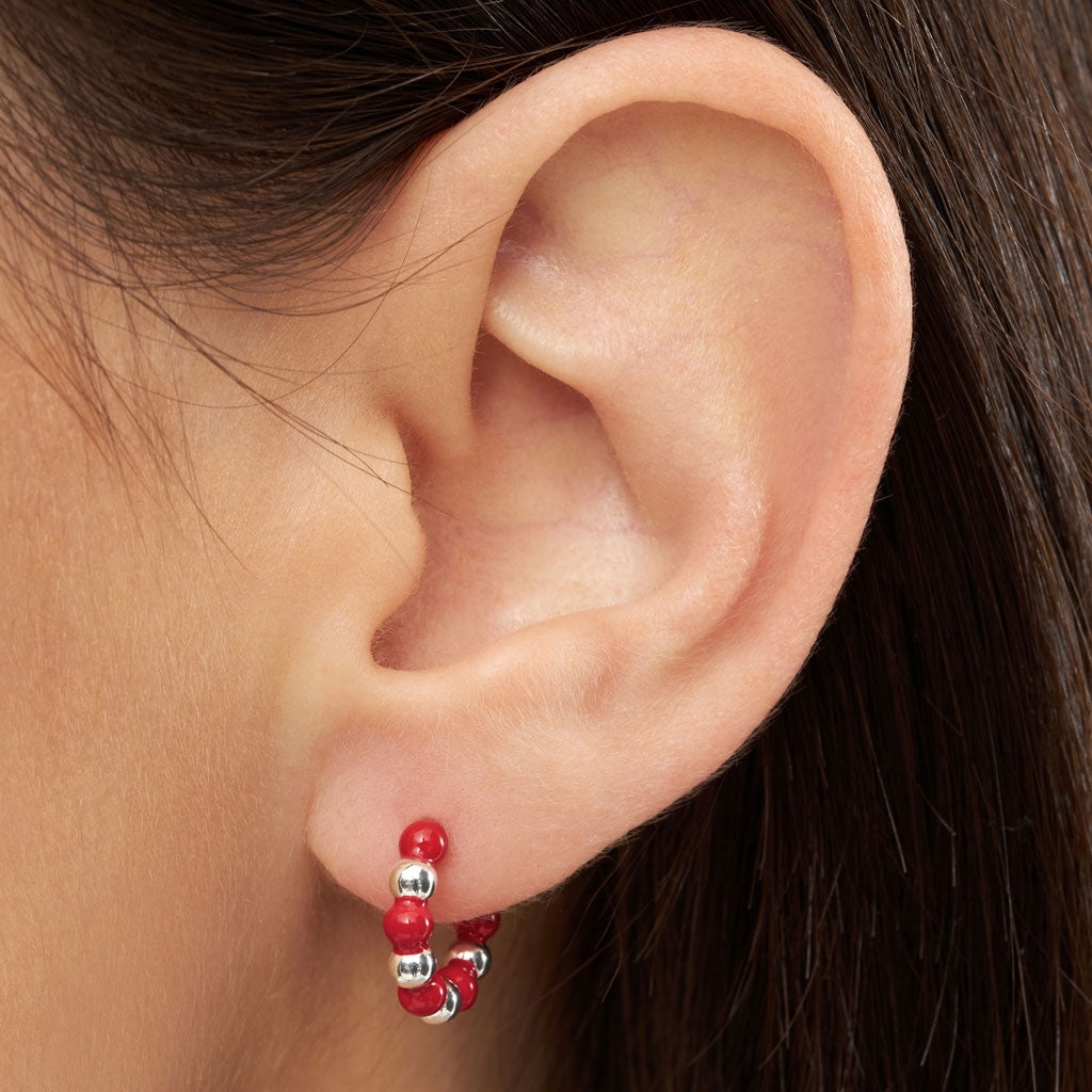 LULU Copenhagen Color Ball Beads Hoops par Hoops Silver Plated/Passion Red